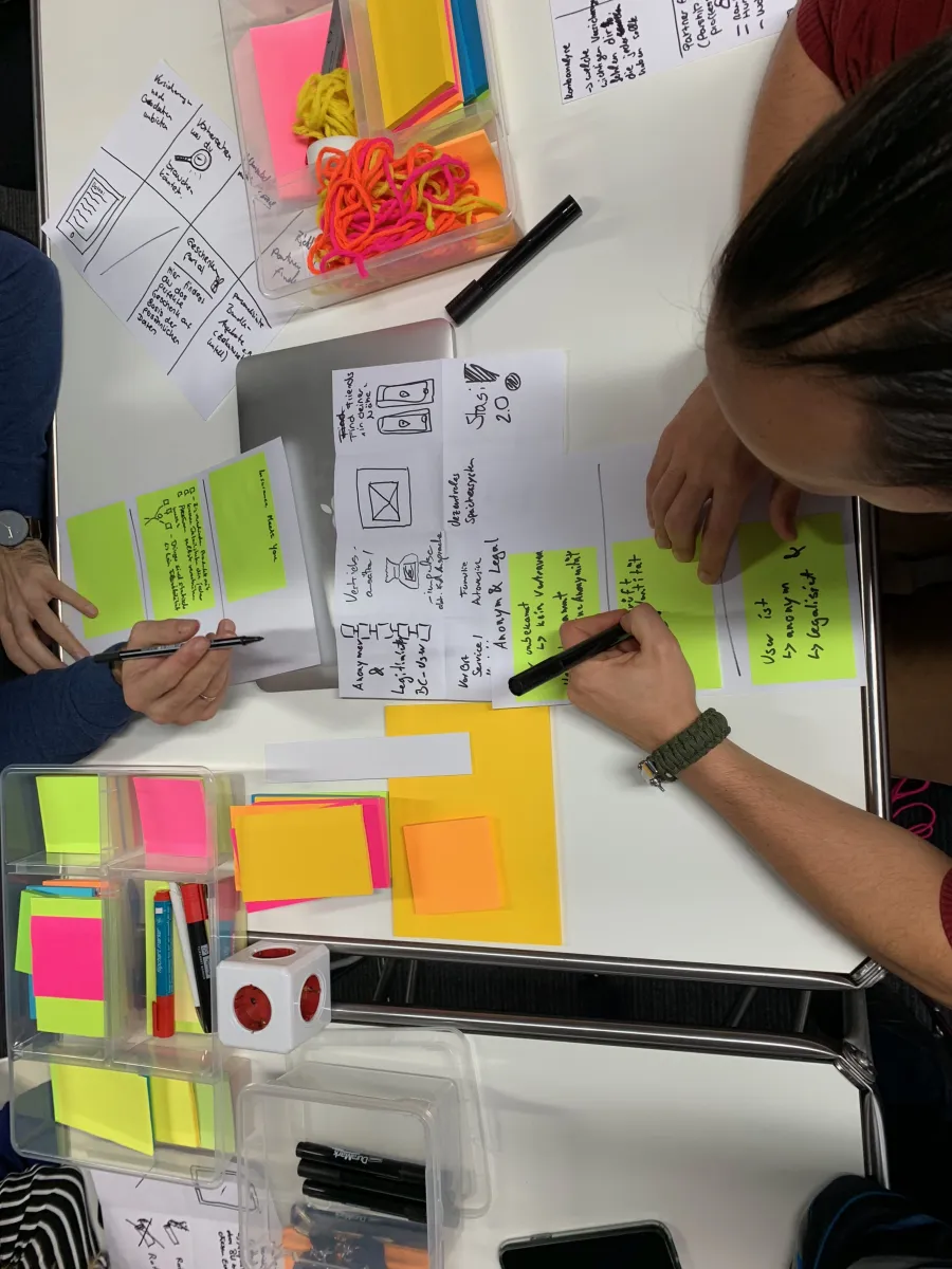 Design thinking workshop at adorsys, sketches and post-its