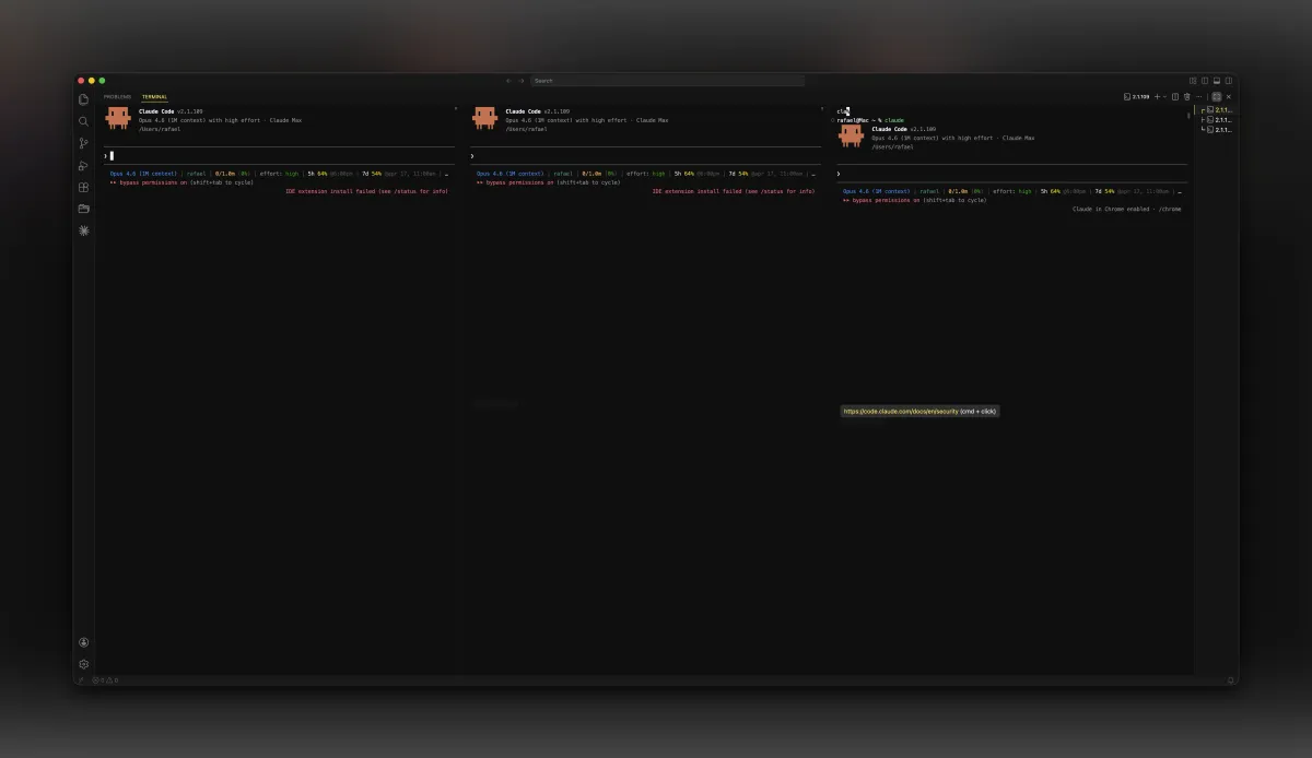 Three parallel Claude Code sessions in the terminal, today